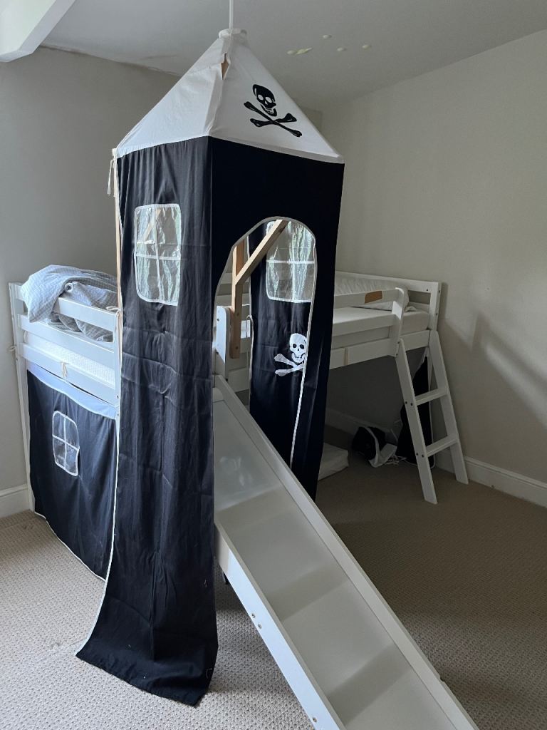 Kids Single High Sleeper Bed with Slide and Pirate Tent