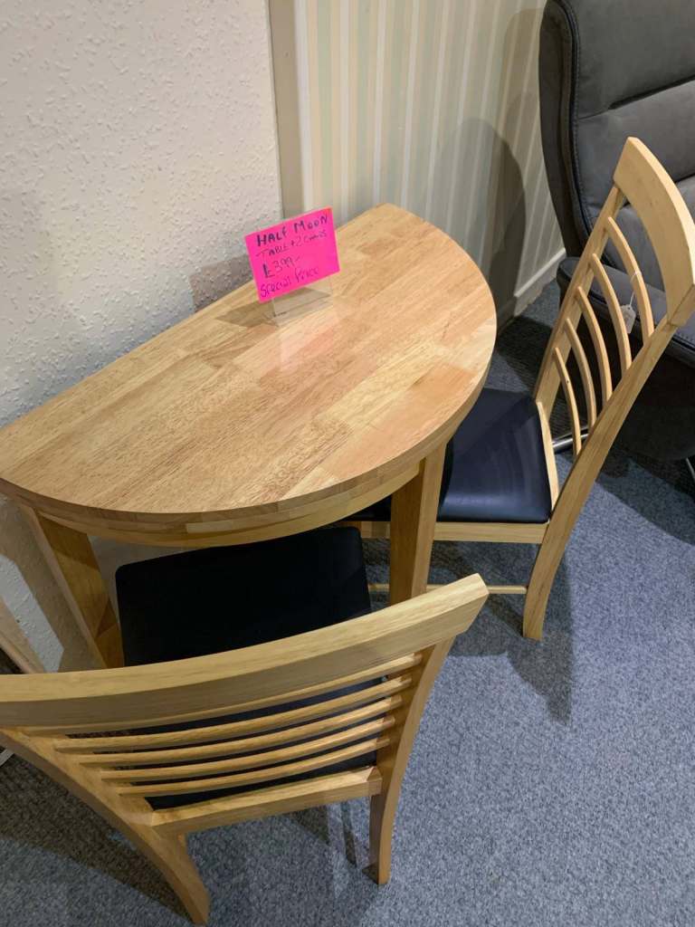 Marsic Wooden Half Moon Dining Table With 2 Chairs In Light Oak