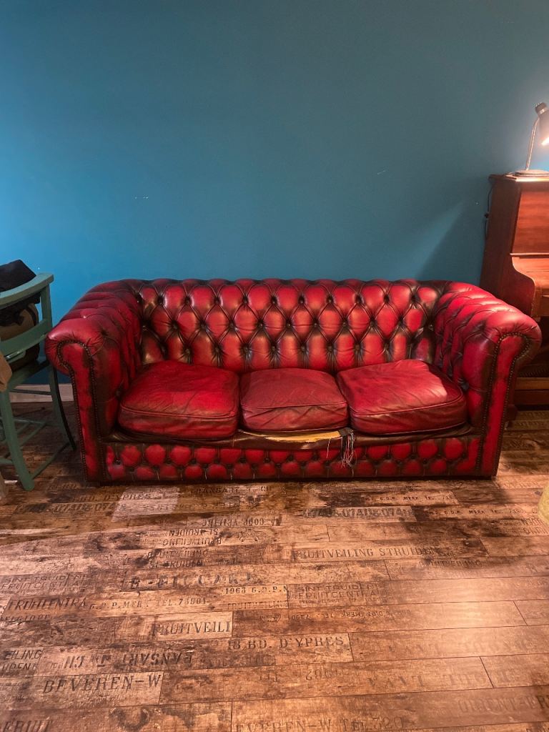 FREE- Red Leather Chesterfield Style 3-Seater Sofa – Fair Condition