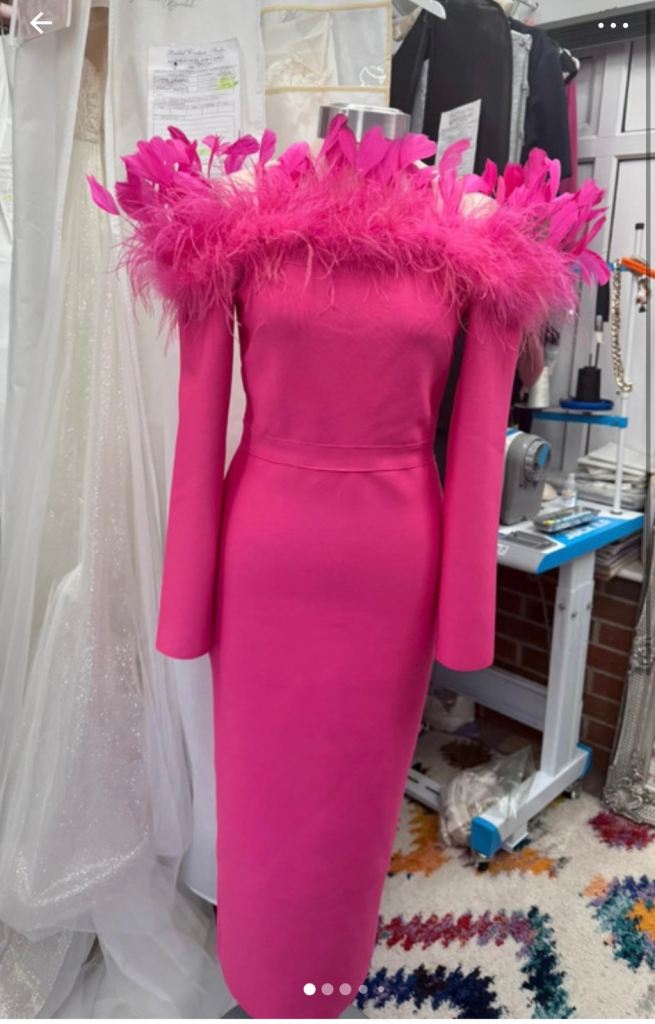 Kelly Obi New York Pink Feather Trim Midi Dress