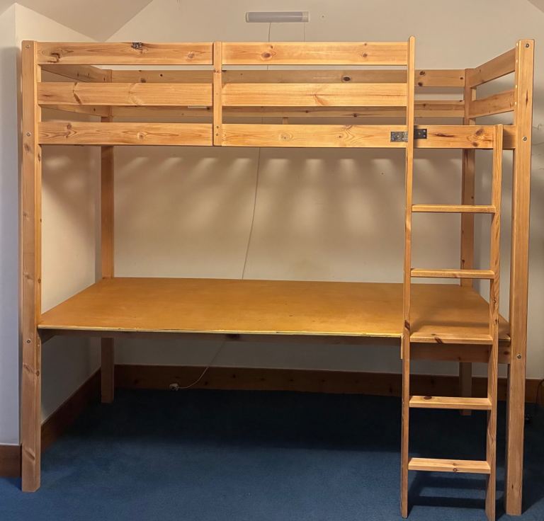 Sturdy Wooden High Sleeper Bed with Desk – Good Condition