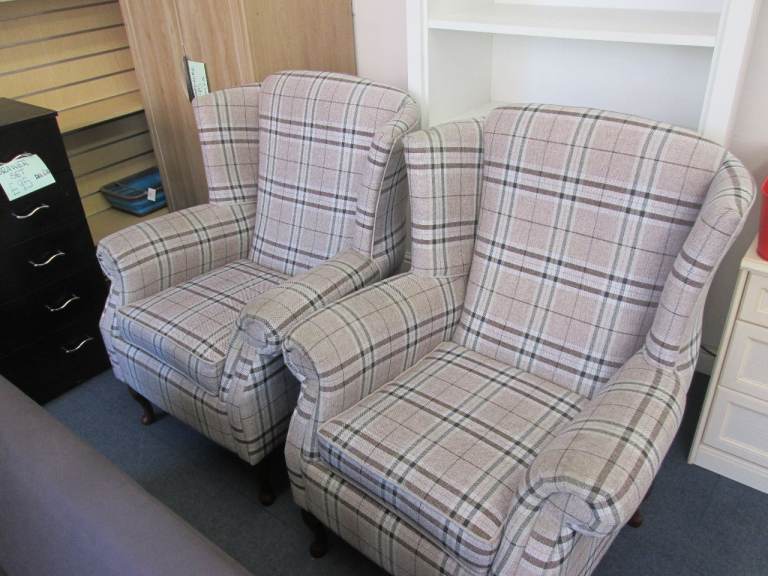 TWO HIGH-BACK QUEEN ANNE STYLE ARMCHAIRS at HAVEN TRUST CHARITY SHOP