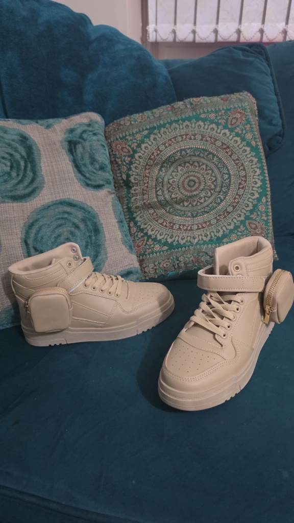 New Boxed Beige Unisex High-Top Trainers with Detachable Pouch