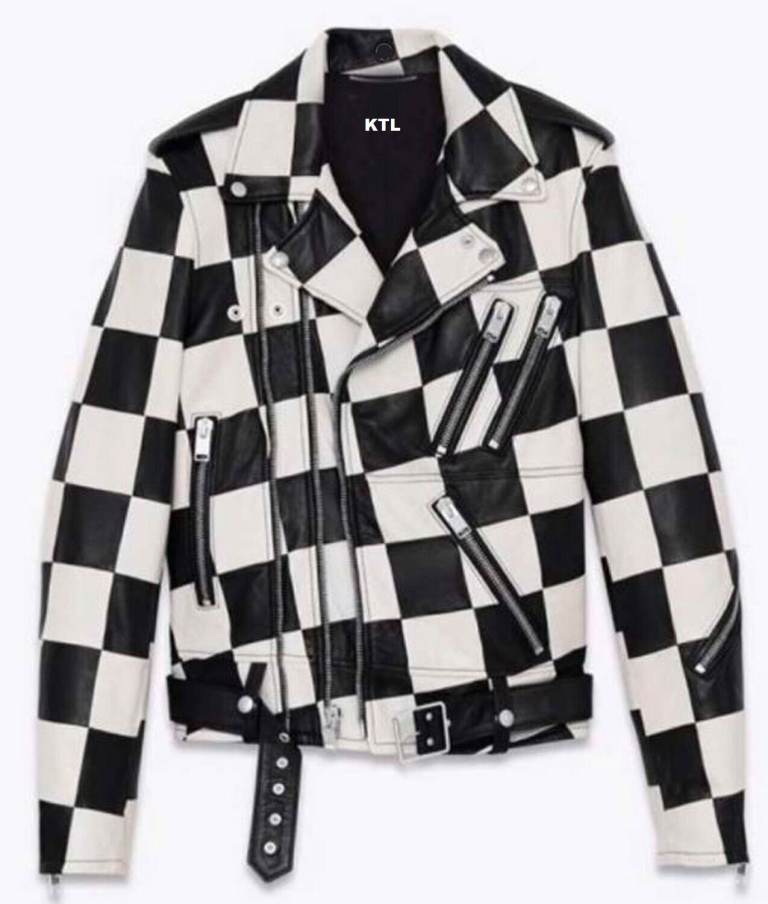 Autumn Black And White Pliad Real Leather Jacket Women Moto Biker Jacket