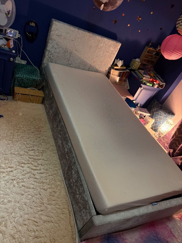 Free Single Ottoman storage Bed with Mattress – silver velour Fabric, Good Condition