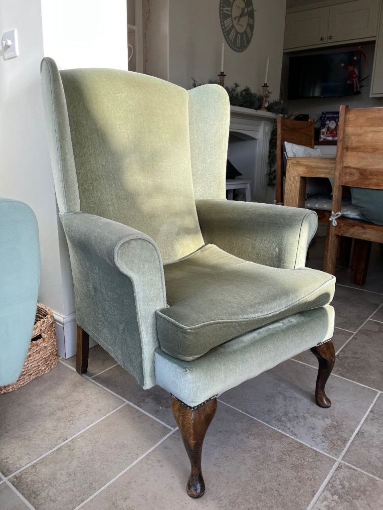 Armchair - winged back, green