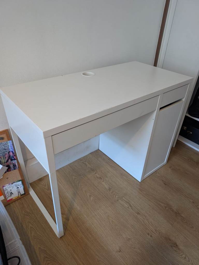 White IKEA-Style Desk with Drawers and Storage Cabinet