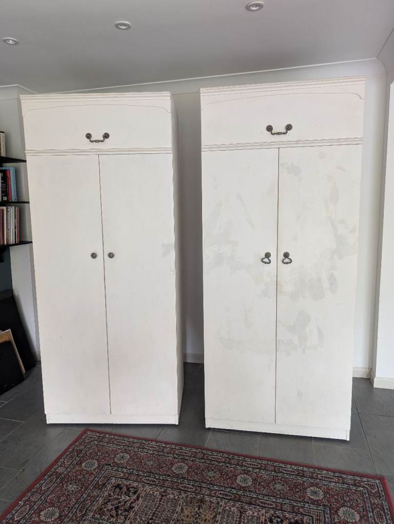 Pair of White Wardrobes with Top Drawers – Fair Condition. REDUCED