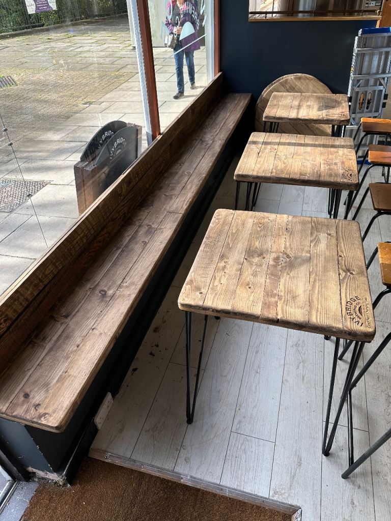 Cafe Tables 70 cm x 70 cm with hairpin legs.