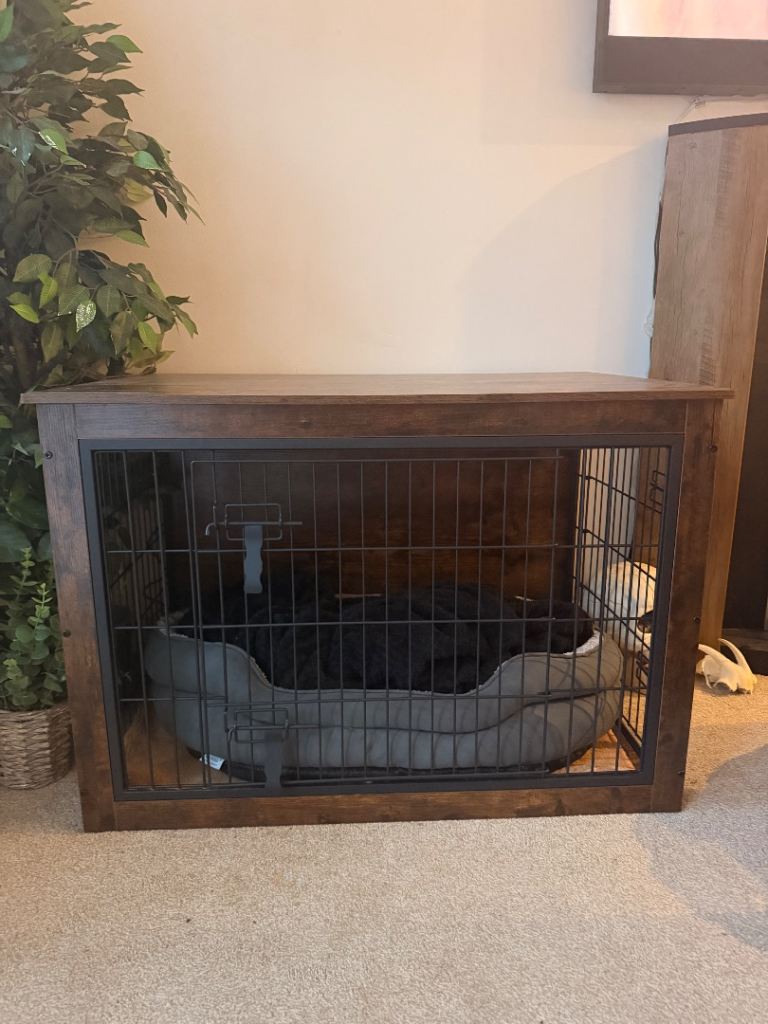 Large Dog Crate Dark Wood Effect Black Metal 
