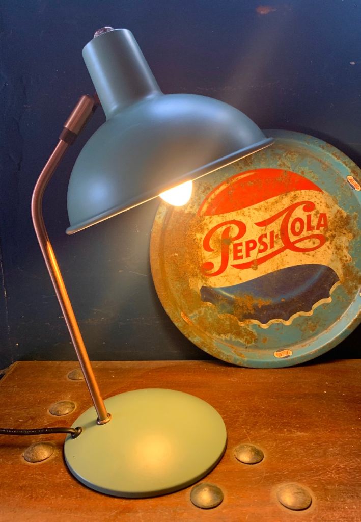 Vintage Bauhaus style Sage Green & Brushed Copper Anglepoise Bedside or Side Table Lamp Light
