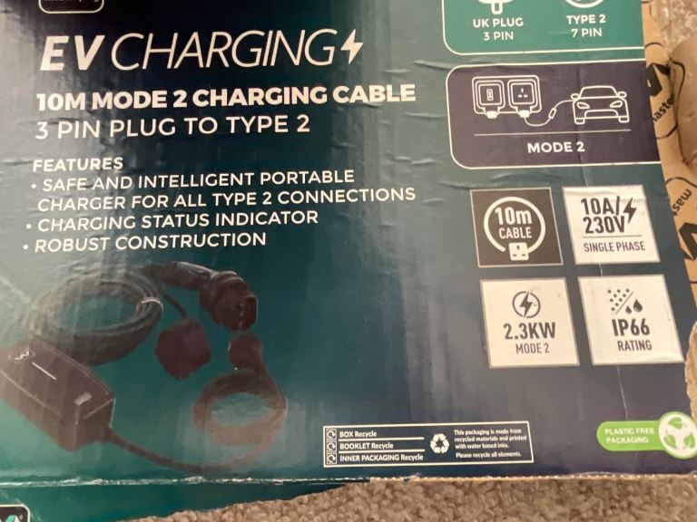 ‘Masterplug’ 10m Charging Cable 3 pin plug to Type 2