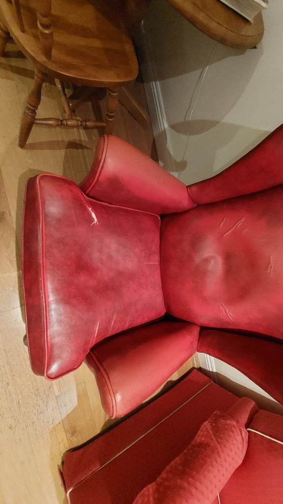 Antique Red Parker knoll vinyl wing back chair