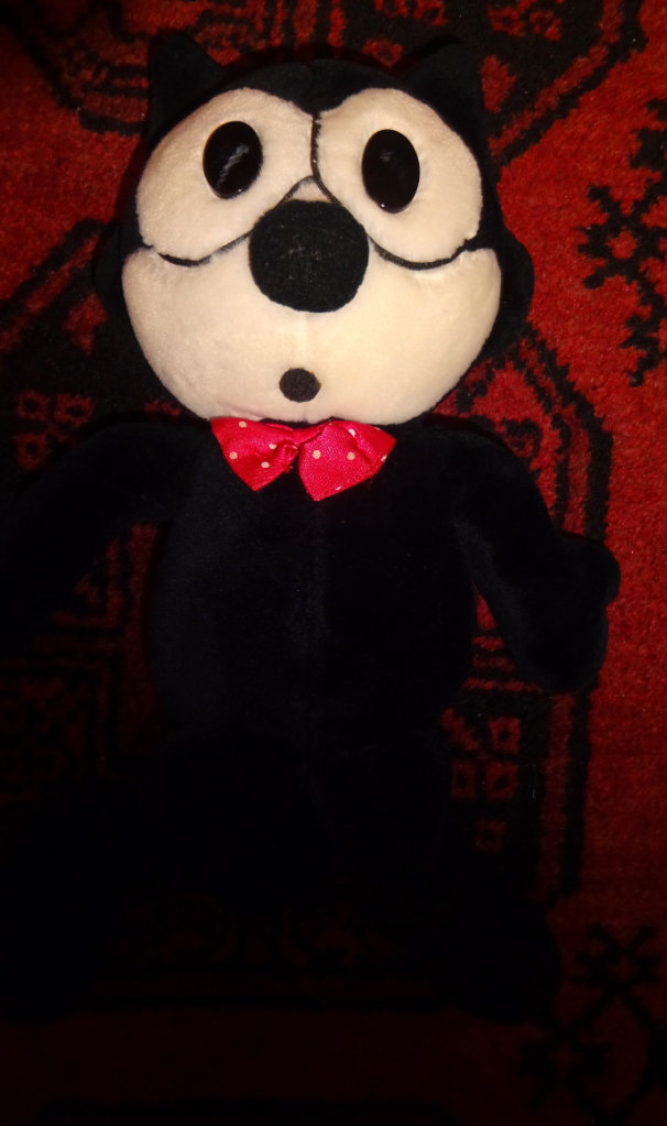 VINTAGE FELIX CAT CARTOON CHARACTER VELVET TOY BLACK WHITE WITH RED SPOTTY BOW COLLECTORS