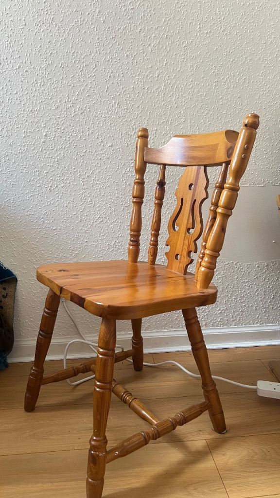 3 Vintage Pine Dining Chairs - Solid Wood Spindle Back Farmhouse Style - Retro