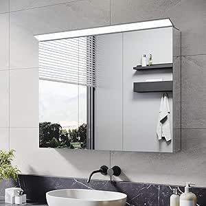 New Bathroom Mirror Cabinet with LED Makeup Light, Stainless Steel 800 x 600mm