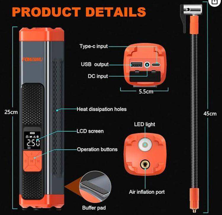 Air Compressor Tyre Inflator, Car Battery Tester and RAVPower 8000mAh Jump Starter/Powerbank