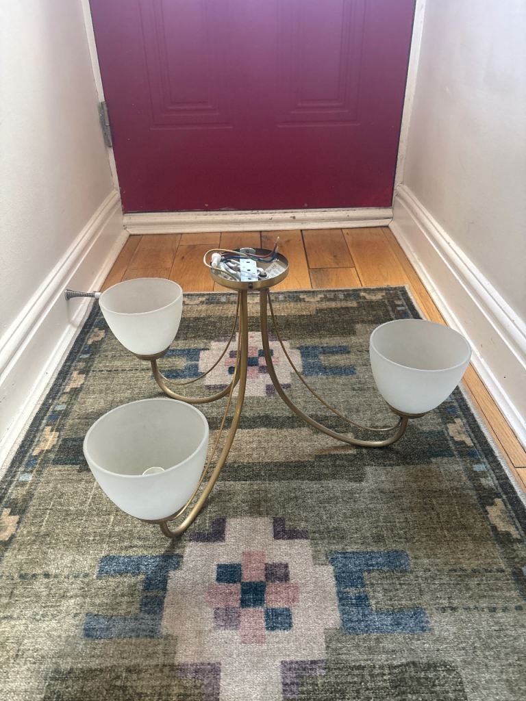 Vintage Gold Coloured Chandelier with Frosted Glass Shades