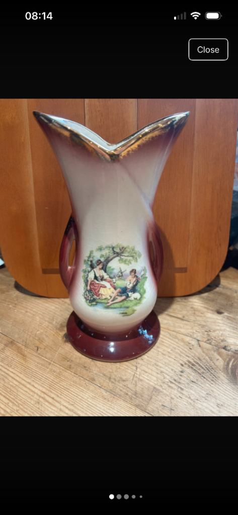 Antique 1940s Decorative Ironstone Heart Shaped Top Vase Courting Couples Scenes