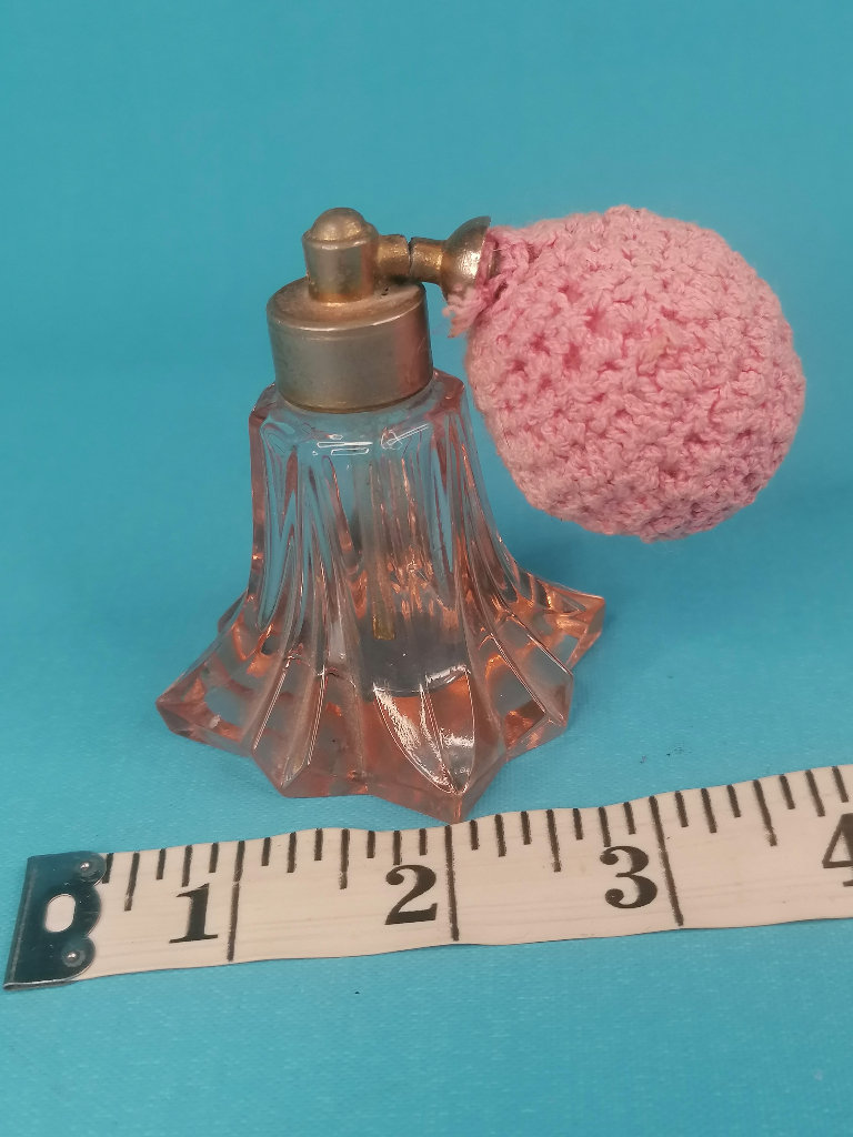 Vintage Pink Glass Perfume Scent Bottle With Silk Atomizer, Shaped Bottle.