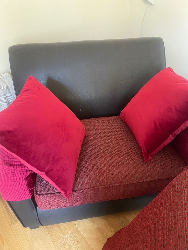 DFS Faux Leather Armchair Sofa Beds with Red Cushions