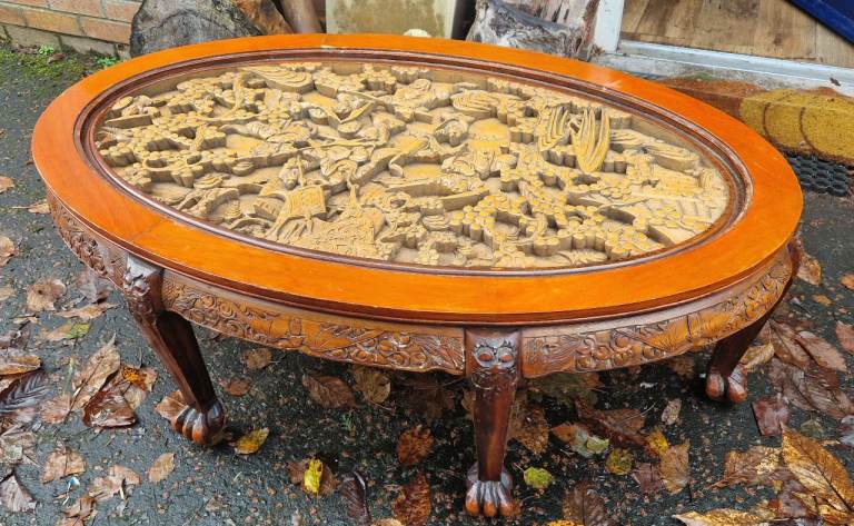 image for Beautiful antique ornimental carved wood tea table
