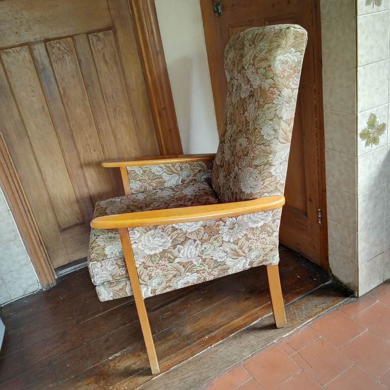 Comfy Armchair with High Back, floral cushion, wood legs and arms 