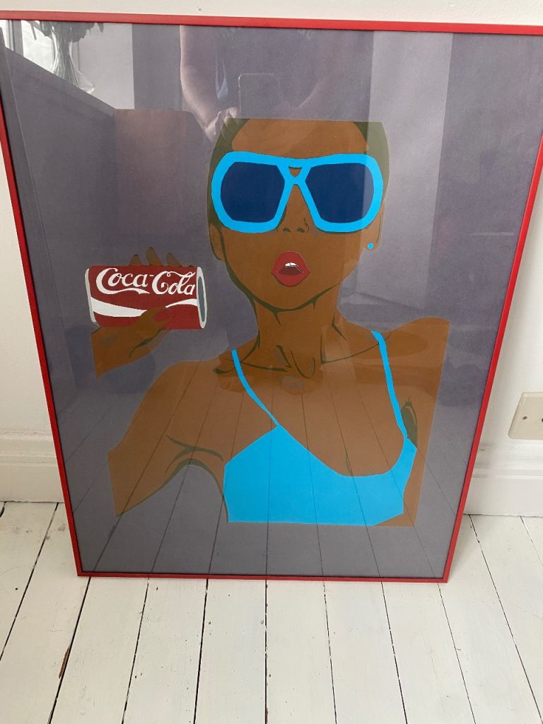 Mega 80s red framed woman in shades with Coca Cola can print - pick up Belsize Park