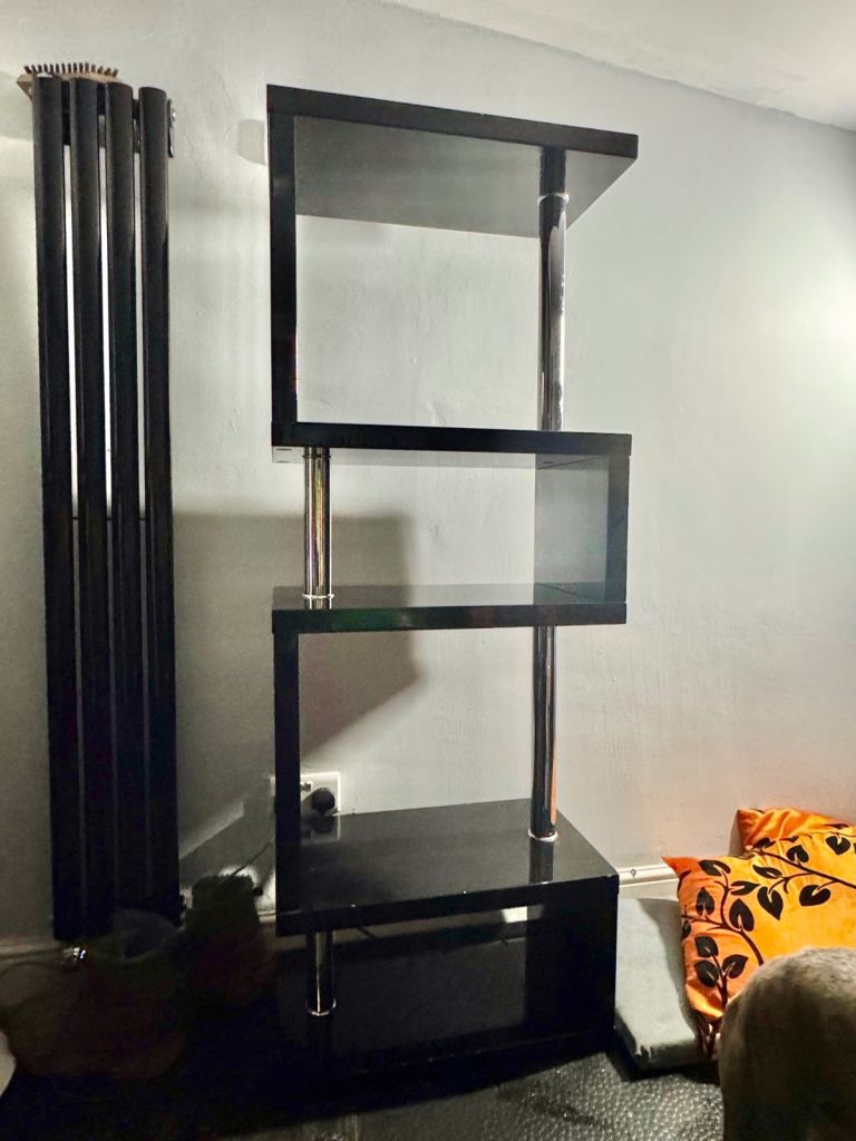shelving black gloss stand up shelf approx 160cm high 35cm x 60cm deep/wide