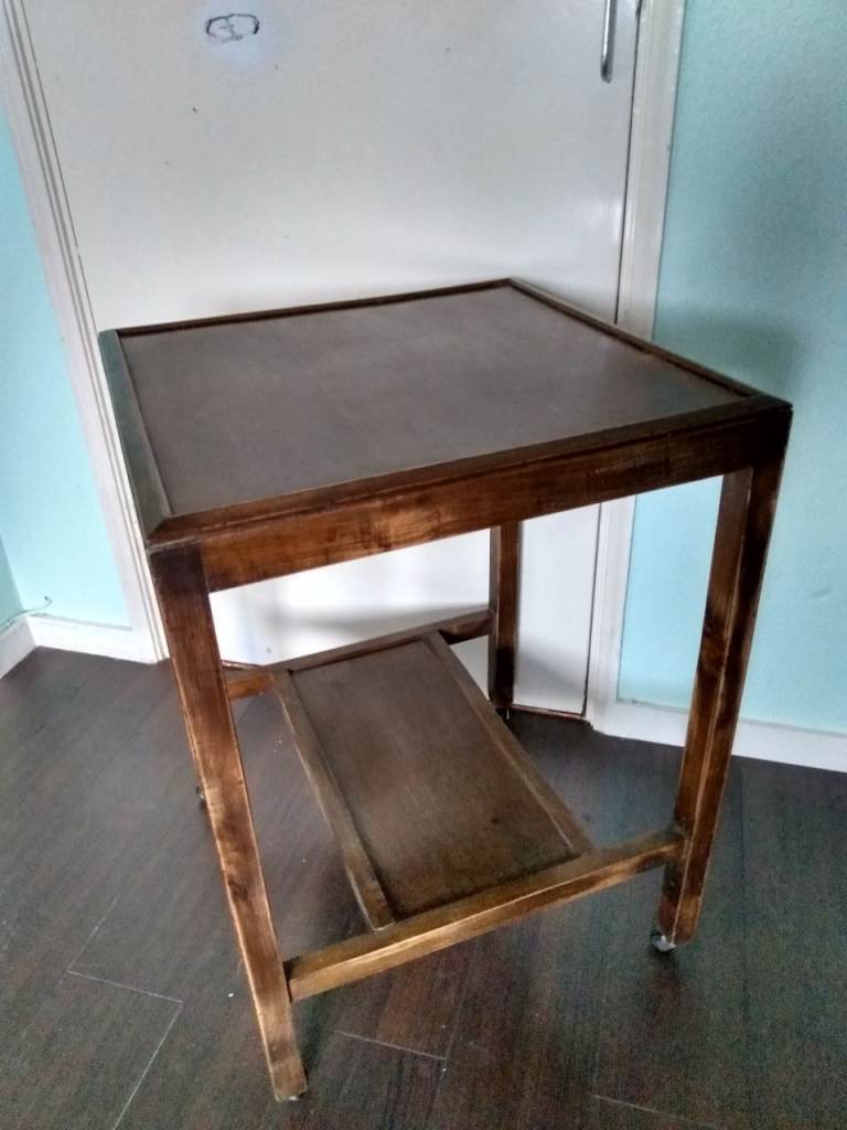 Vintage wooden bar drinks trolley, wheels, serving cocktail table. Coffee table.