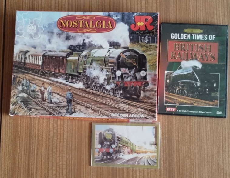 Golden Arrow steam train railway bundle: 500 pcs jigsaw puzzle, DVD & postcard