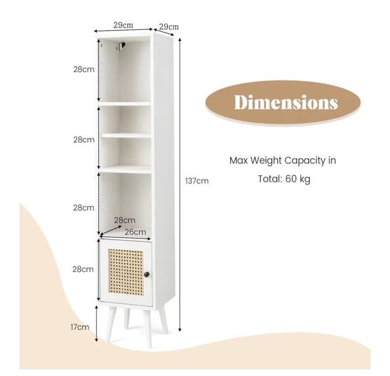 Tall Slim White Bookcase with Shelves & Cupboard – good Condition