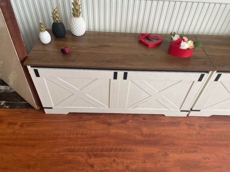 (£40 PER ONE) Three Long White & Oak Effect TV Unit / Low Sideboard – Farmhouse Style
