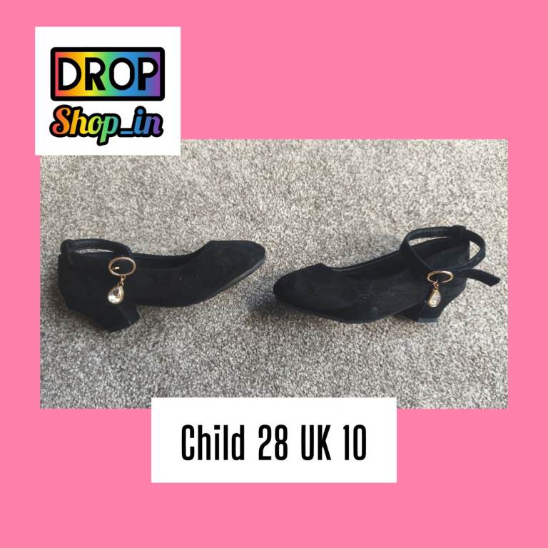 Girls Black Party Shoes Low Heels Crystal Charm Velcro UK Child 10 Euro 28 Formal