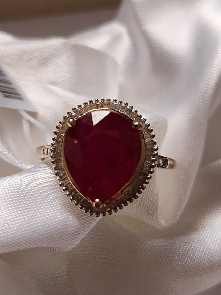 9CT GOLD SOLITAIRE RING SIZE O Ruby Grade AA Ruby 12X10 Pear Cut 56 Diamonds Ring NEW 