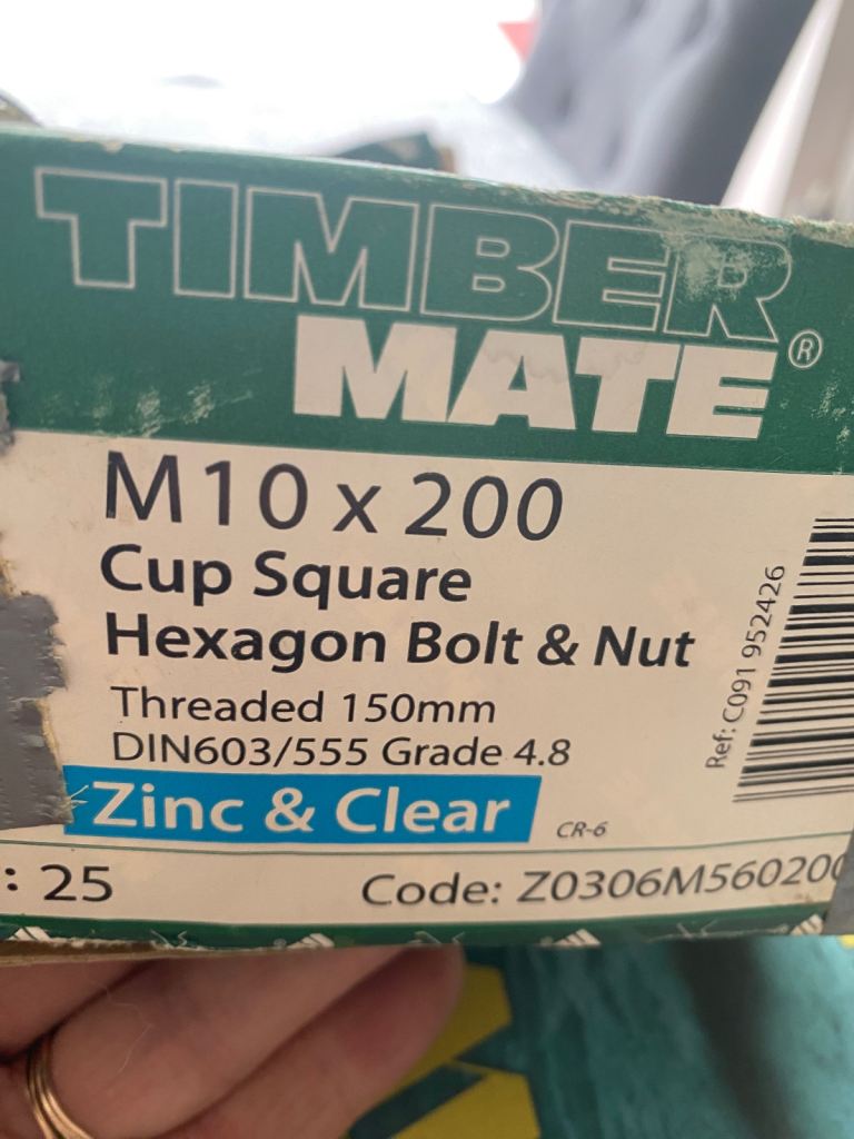 25 - M10 x 200 Cup Square Hex. Bolts & Nuts