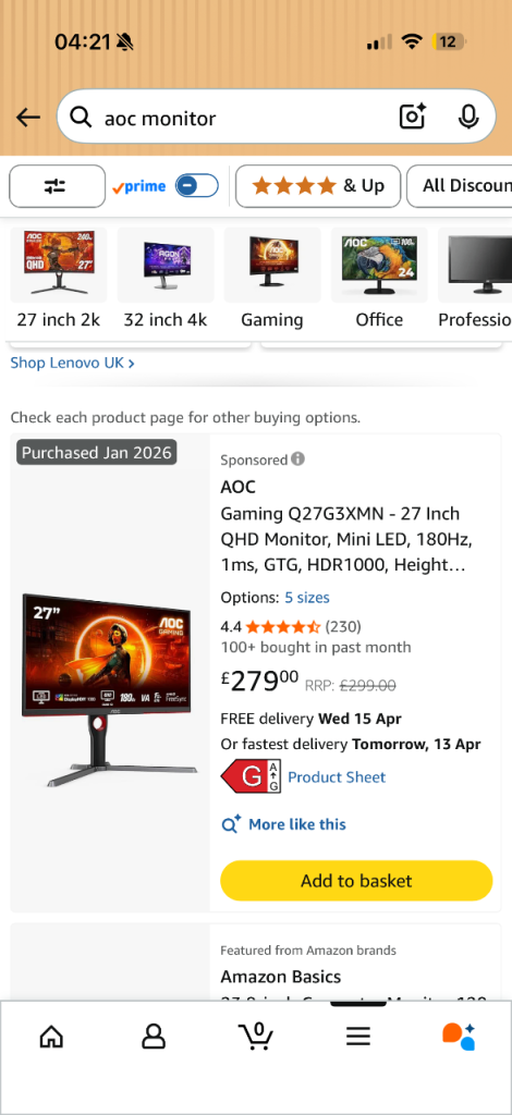 Aoc 180 hz mini led monitor 27inch 1440p 