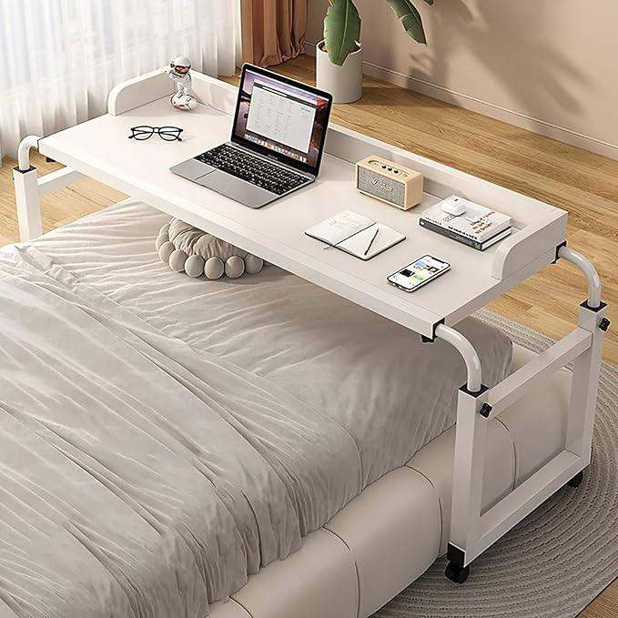 Height Adjustable Overbed Table with Wheels, 120-210cm White Mobile Over Bed Desk with 65cm-95cm 