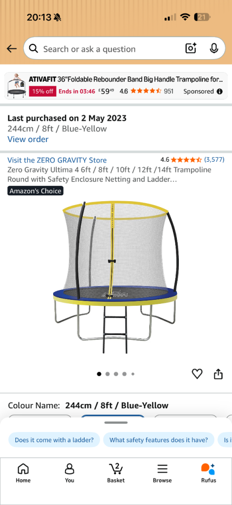 Zero Gravity Ultima 8ft Trampoline with Safety Enclosure and Ladder