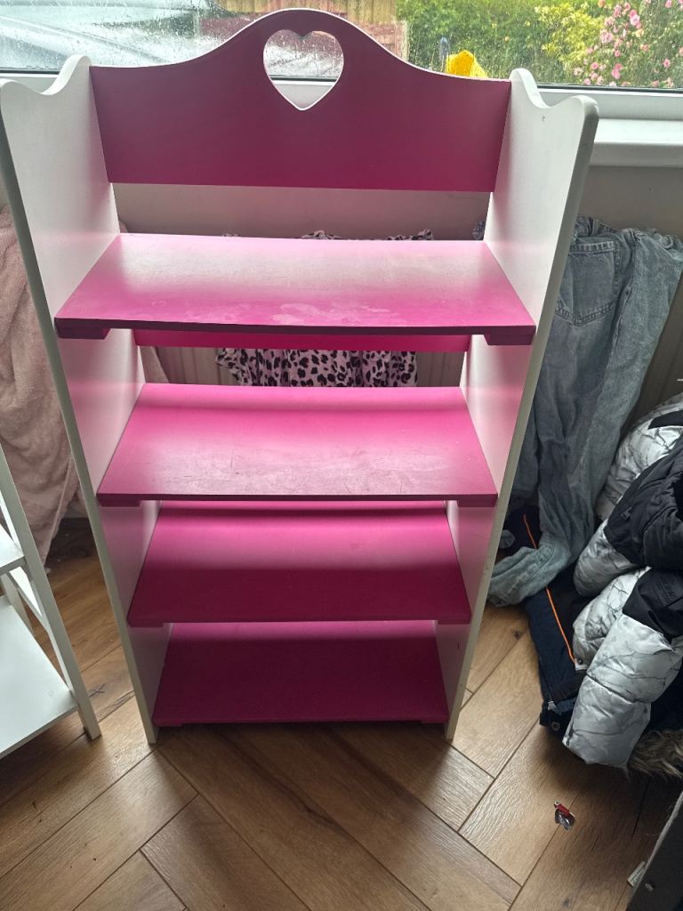 Kids Pink & White Bookshelf with Heart Detail – Good Condition