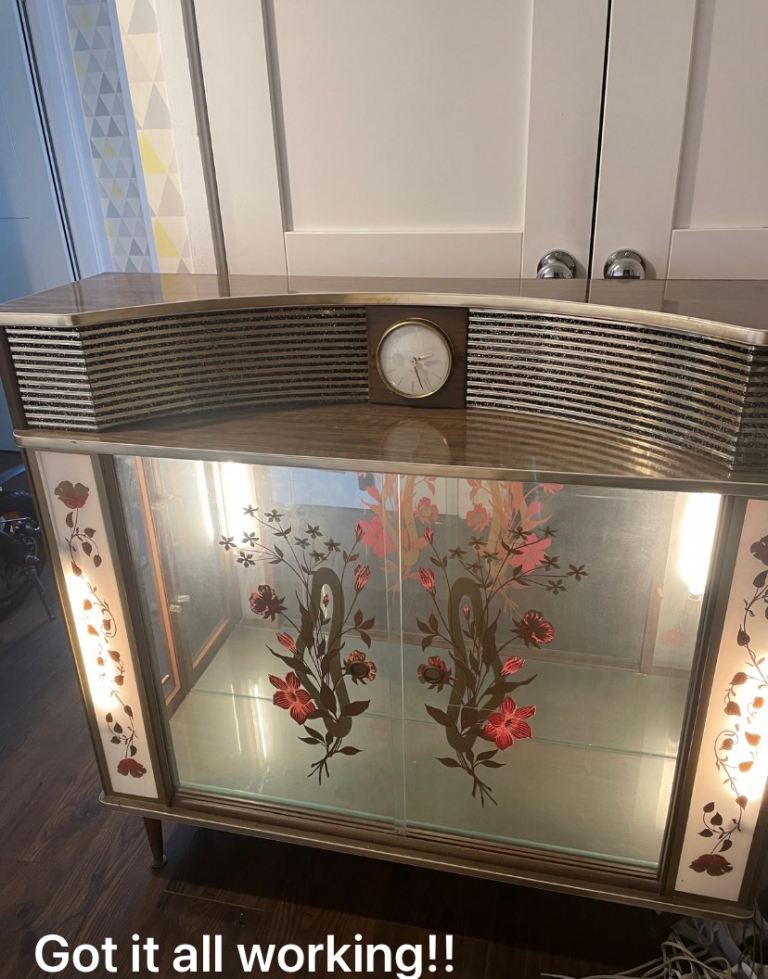 Vintage Mid-Century Style Display Cabinet with Built-In Clock & Floral Glass Doors