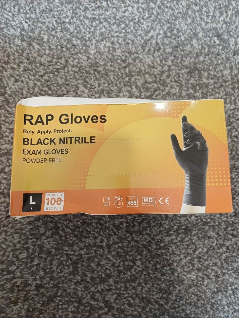 RAP Gloves Black Nitrile Exam Gloves - Large, New Box