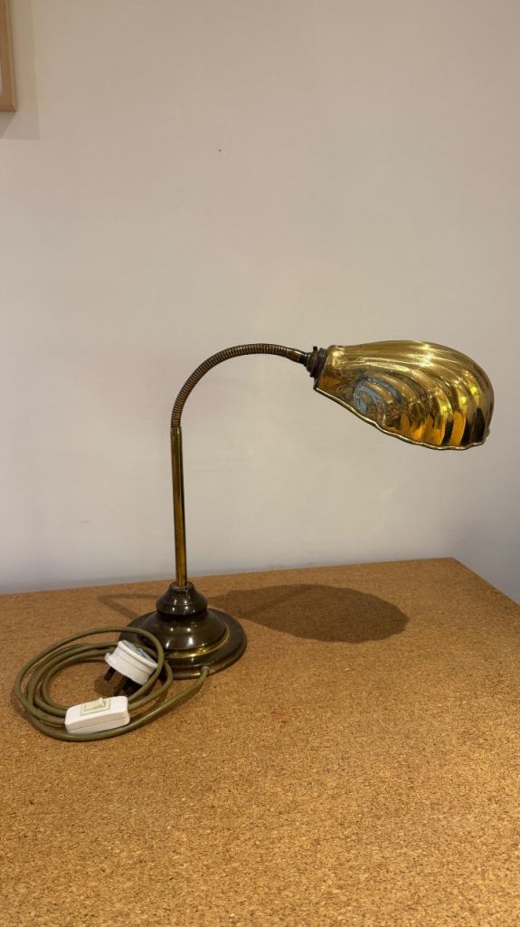 Vintage Brass Desk Lamp with Gooseneck and Shell Shade