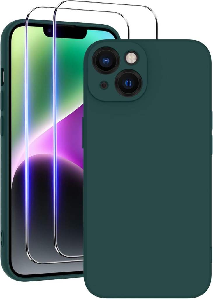 Soft Silicone Dark Green Case for iPhone 14 with 2 Packs Tempered Glass Screen Protector