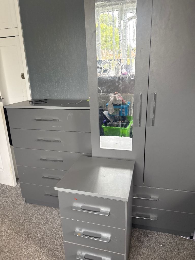 Grey Chest of Drawers and Wardrobe Set – Good Condition