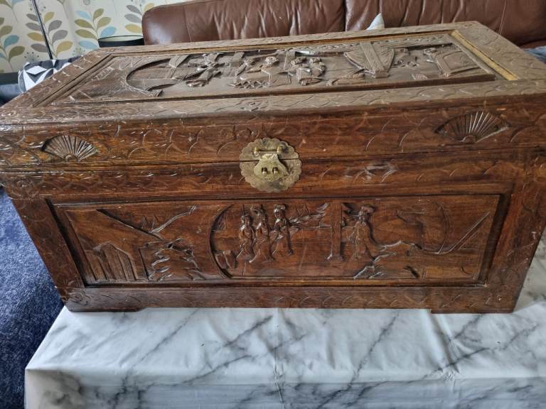 Antique Chinese Carved Camphor Wood chest trunk 