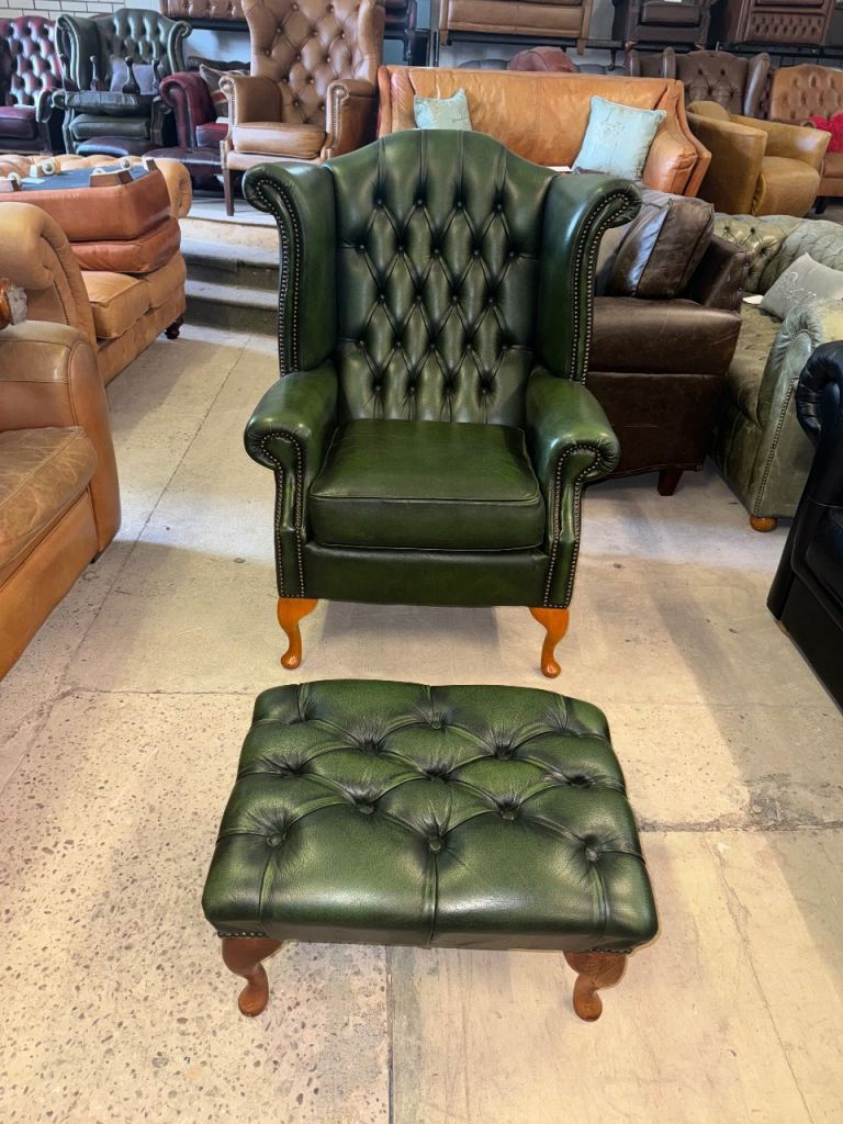 Saxon chesterfield green leather wingback chair and footstool