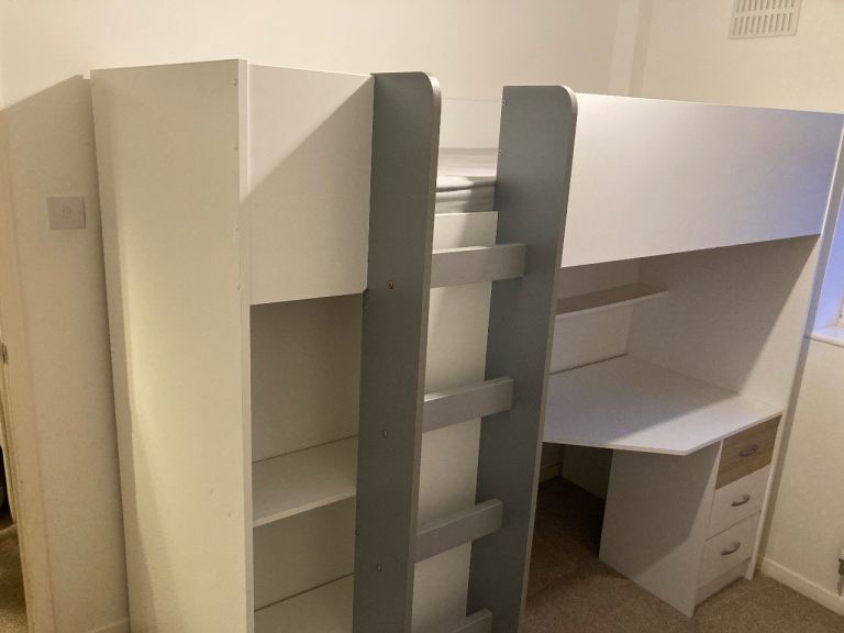 Cabin bed with desk, wardrobe and drawers