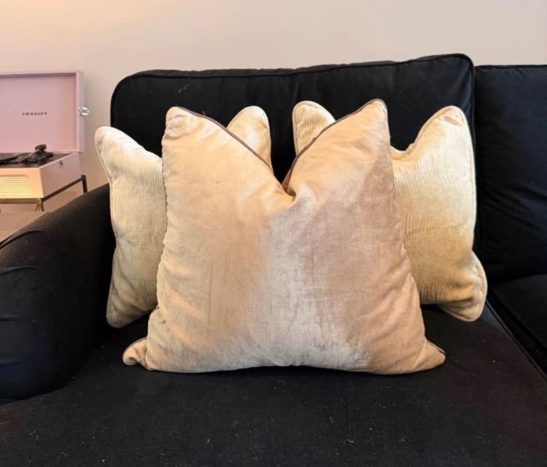 3 velvet beige 1 Laura Ashley and 2 Multiyork velvet cushions with feather infills £20