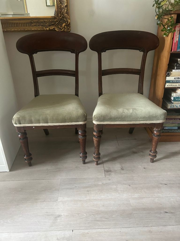 Pair of Antique Wooden Dining Chairs with Green Upholstery